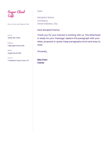 Desserts & boba margin rail letterhead template