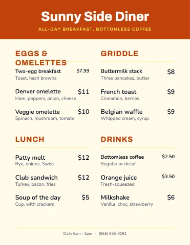 Breakfast diner banded menu template