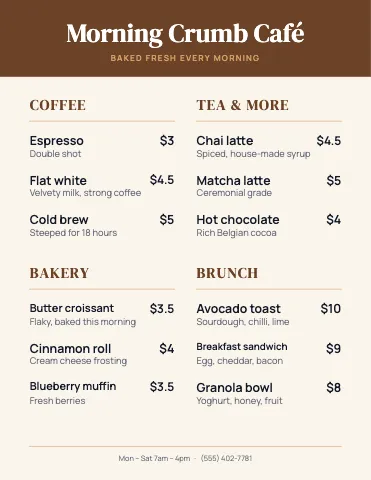 Café & bakery banded menu template