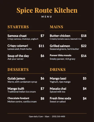 Indian restaurant chalkboard menu template
