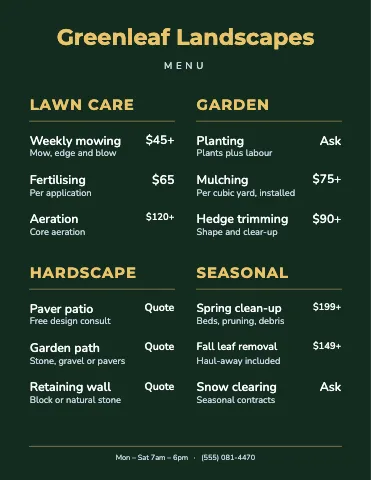 Landscaping chalkboard menu template