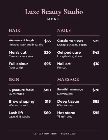 Salon & spa chalkboard menu template