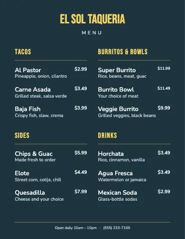 Taqueria chalkboard menu template