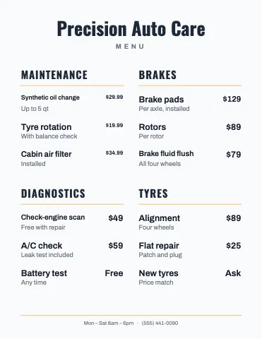 Auto repair classic menu template