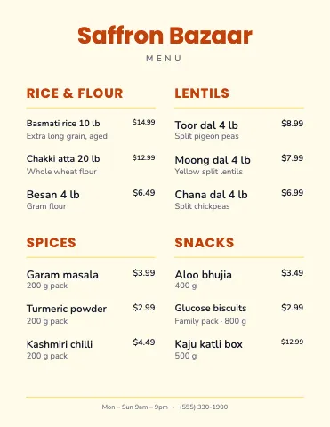 Indian grocery classic menu template