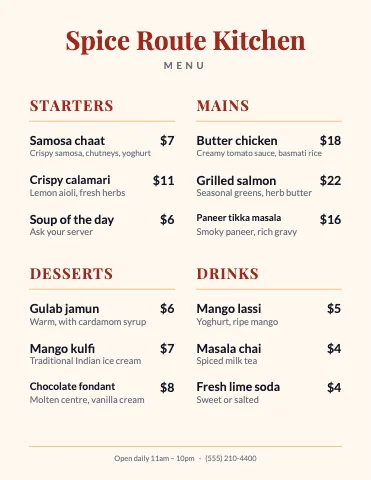 Indian restaurant classic menu template