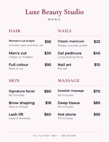 Salon & spa classic menu template