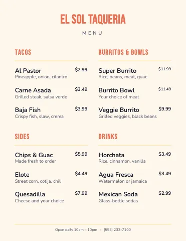 Taqueria classic menu template