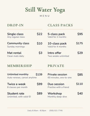 Yoga studio classic menu template