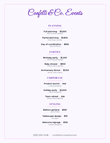 Event planner elegant menu template