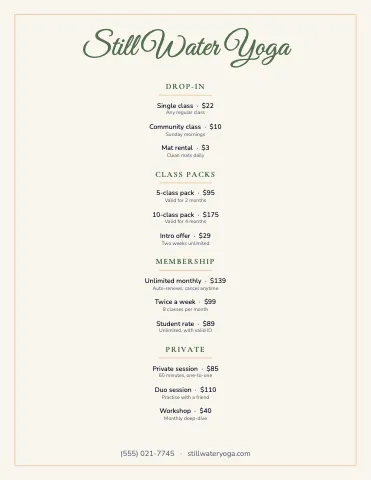 Yoga studio elegant menu template