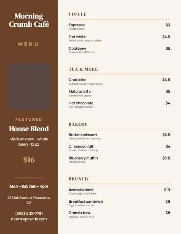 Café & bakery sidebar menu template