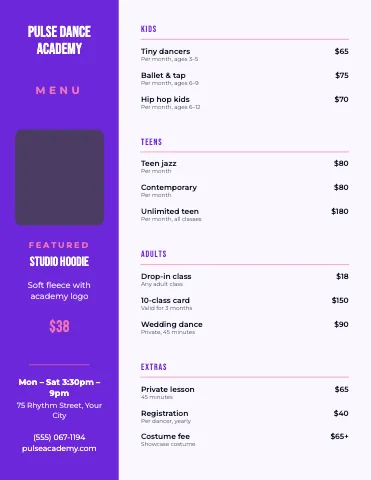 Dance studio sidebar menu template