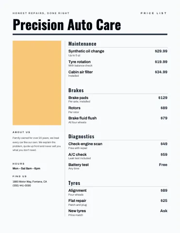 Auto repair editorial menu template