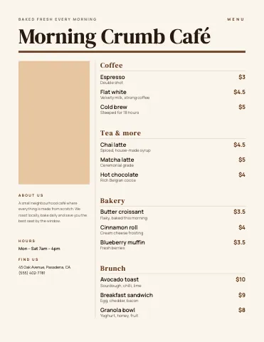 Café & bakery editorial menu template
