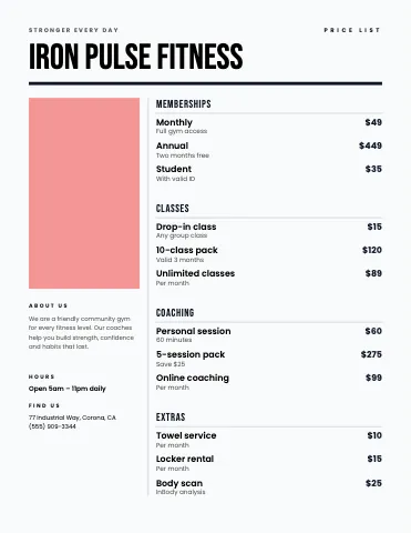 Fitness & gym editorial menu template