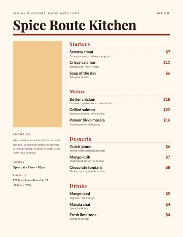 Indian restaurant editorial menu template