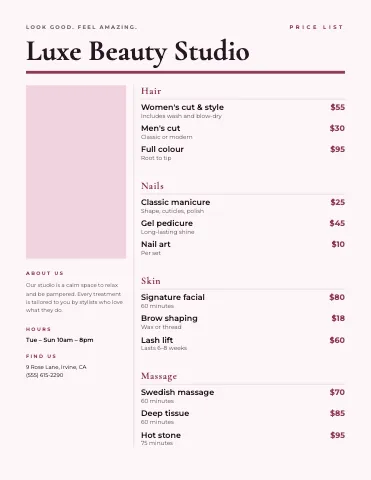 Salon & spa editorial menu template