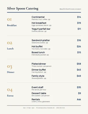 Catering ledger menu template