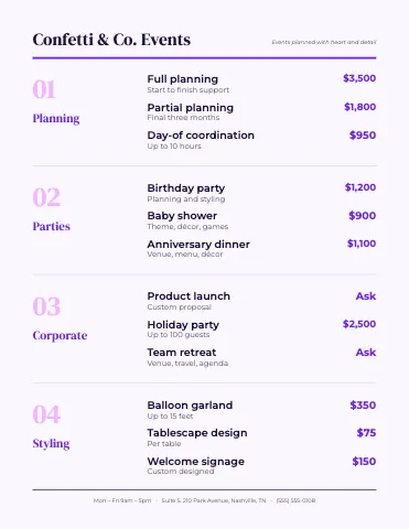 Event planner ledger menu template