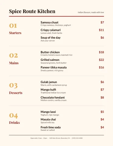 Indian restaurant ledger menu template