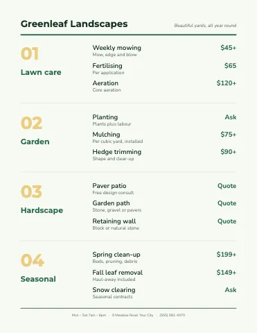 Landscaping ledger menu template
