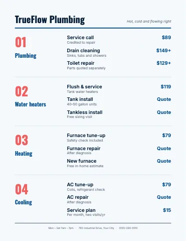 Plumbing & HVAC ledger menu template