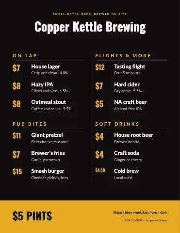 Brewery & bar price-led menu template