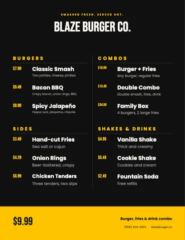 Burger joint price-led menu template