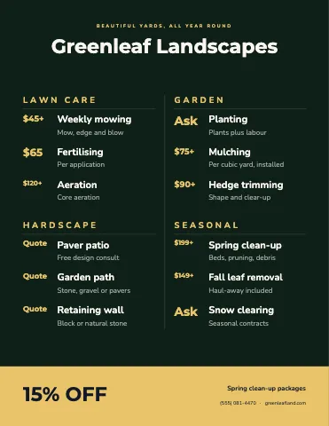 Landscaping price-led menu template