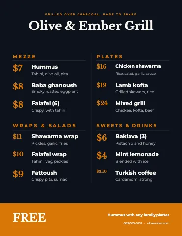 Mediterranean grill price-led menu template