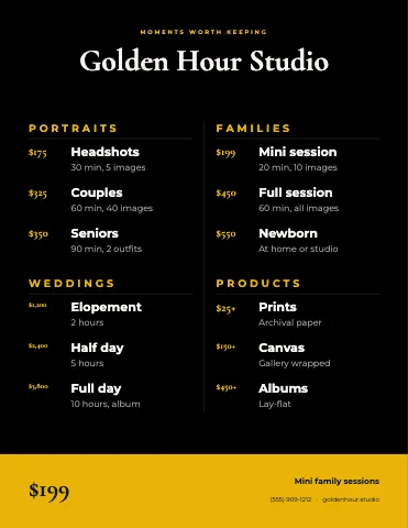 Photography & creative price-led menu template