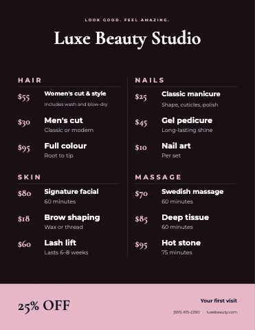 Salon & spa price-led menu template