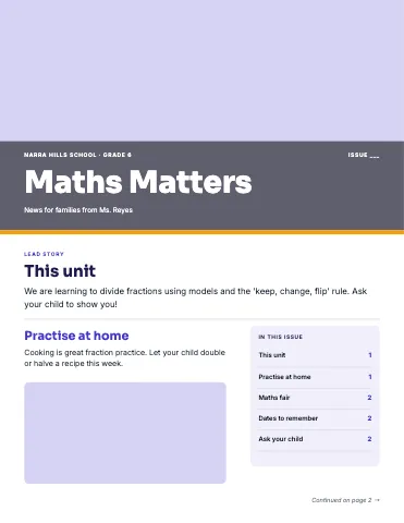 Middle school maths two-page newsletter template