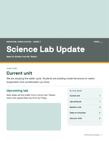 Middle school science two-page newsletter template