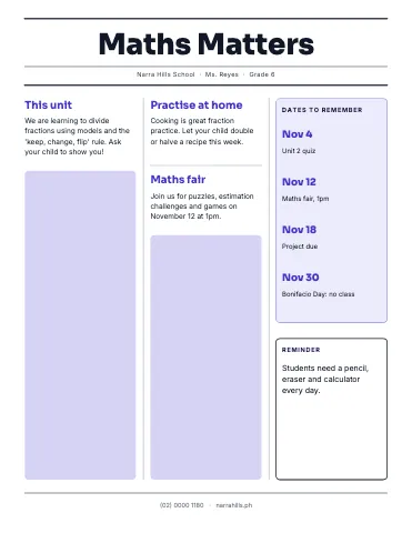 Middle school maths three-column newspaper class newsletter template