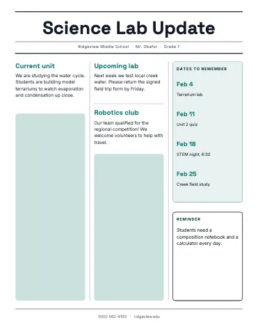 Middle school science three-column newspaper class newsletter template
