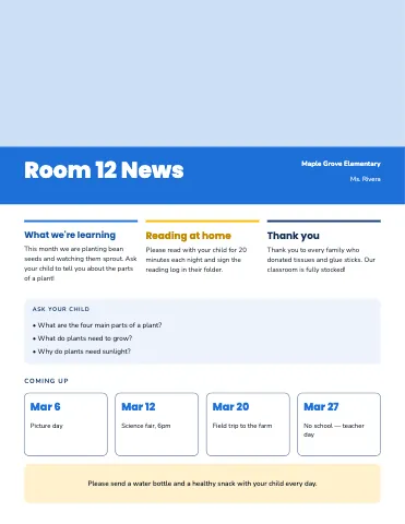 Elementary school photo header newsletter template