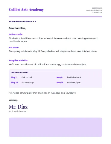 Art & music class letter to families class newsletter template