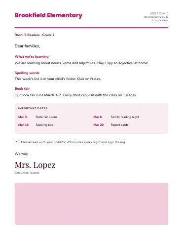 Elementary English letter to families class newsletter template