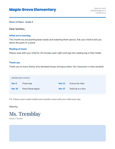Elementary school letter to families class newsletter template