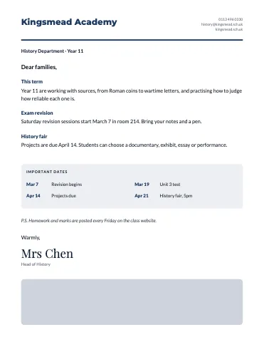 High school letter to families class newsletter template