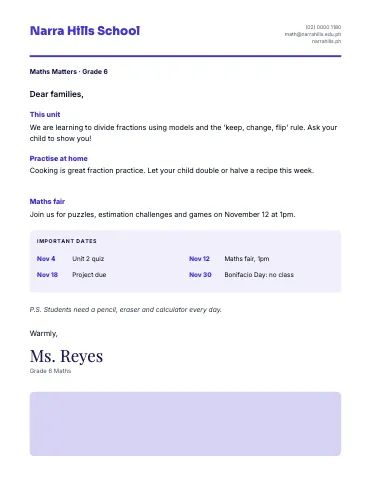 Middle school maths letter to families class newsletter template