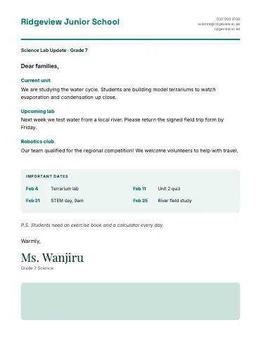 Middle school science letter to families class newsletter template