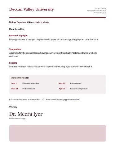 University & college letter to families class newsletter template