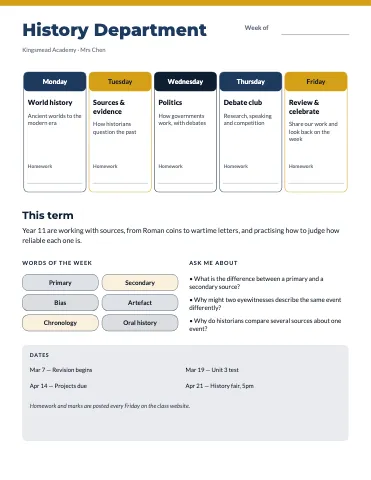 High school week at a glance class newsletter template