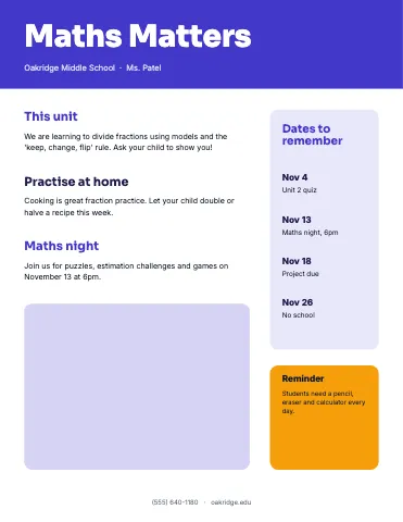Middle school maths classic newsletter template