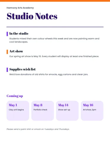 Art & music class weekly update class newsletter template