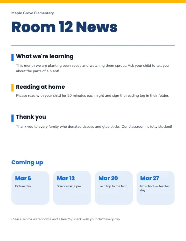 Elementary school weekly update class newsletter template