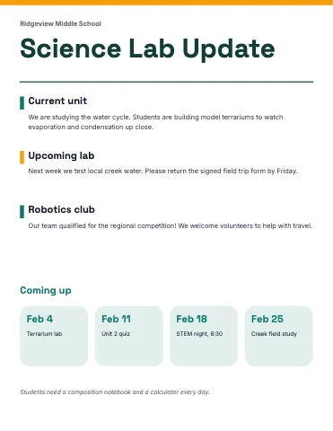 Middle school science weekly update class newsletter template